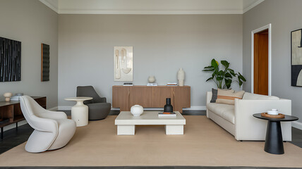 Fototapeta premium A living room with neutral-toned furniture and sleek, minimal designs