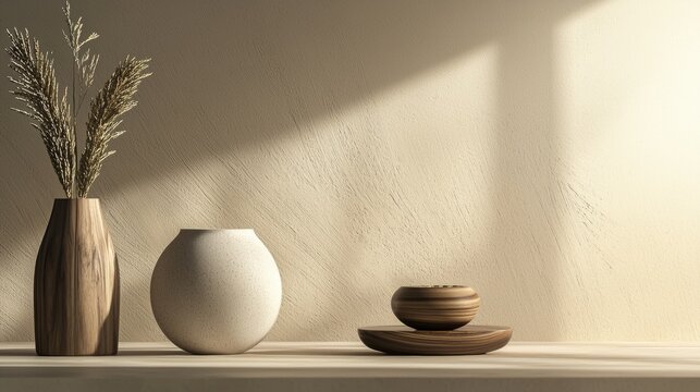 Minimalist decor with neutral vases on a soft beige background