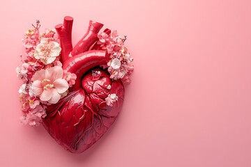 A heart-shaped anatomical model surrounded by delicate flowers on a pink background.