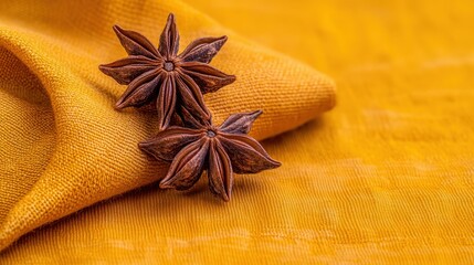 Aromatic Star Anise Spice on Vibrant Yellow Fabric Background