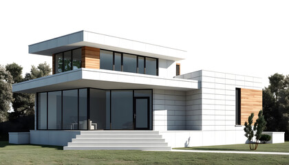 Fototapeta premium A mid-century modern house with a flat roof, clean lines, and large glass panels for a striking facade , with white tonespng