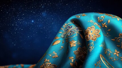 A vibrant turquoise fabric with elegant golden floral patterns against a starry night background, perfect for textile design.