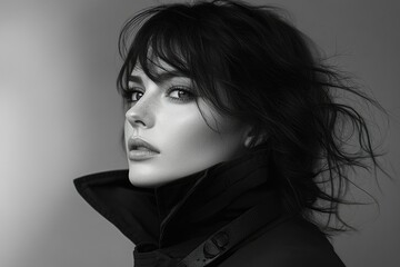 A monochrome portrait of a woman with dark hair, wearing a collared jacket, looking over her shoulder.