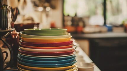 Stacked colorful ceramic plates in a cozy kitchen environment