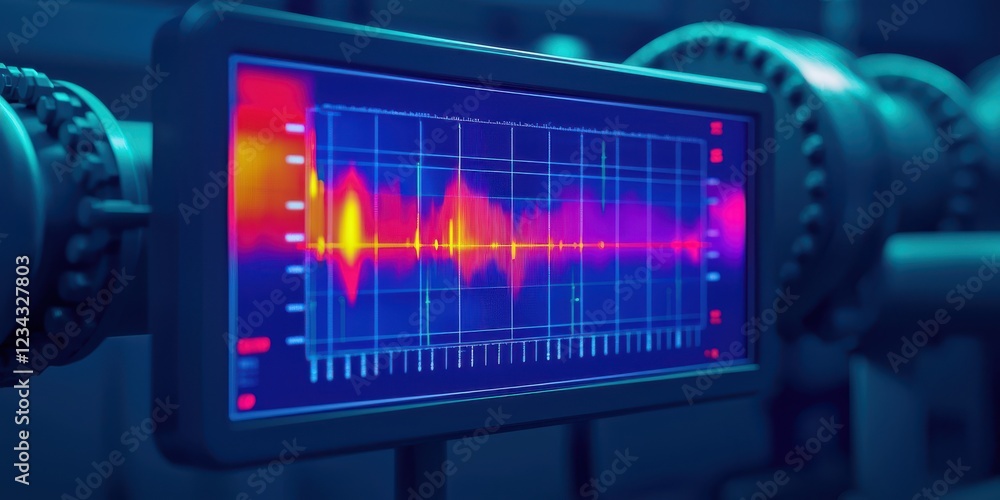 Poster a vibrant audio waveform display on a screen, showcasing sound frequency and amplitude in a visually