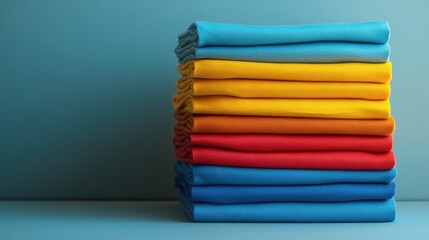Colorful Stacked Towels in Various Shades on a Soft Blue Background for Home Decor
