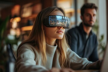 Young woman using virtual reality headset, experiencing immersive digital world, with a blurred man in the background.