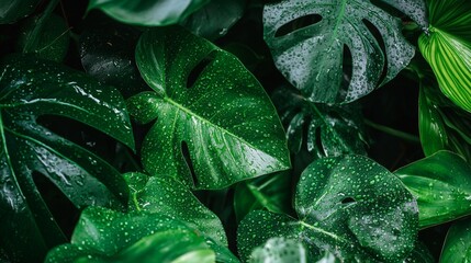 Fototapeta premium Lush green tropical leaves with water droplets under soft light