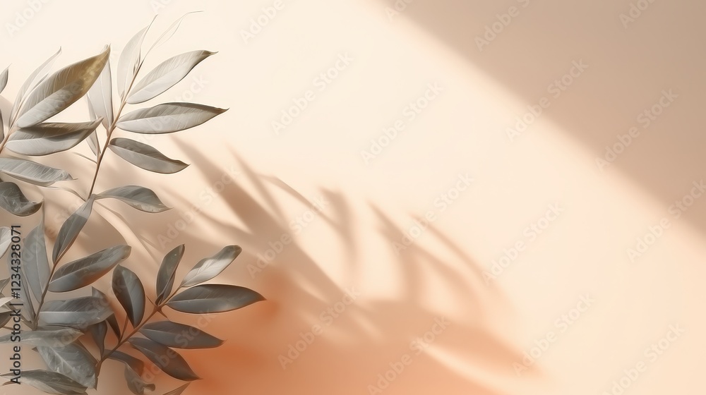 Poster abstract composition of leaves casting shadows on a soft peach background under sunlight creating a 