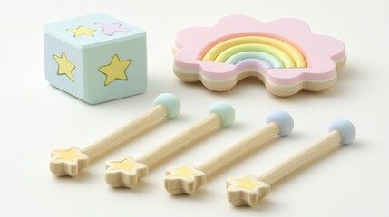 Colorful Wooden Toy Set Featuring Stars And Rainbow Designed For Infants And Children