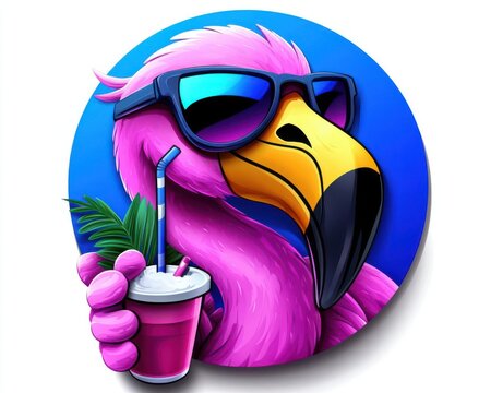 Colorful cartoon flamingo wearing sunglasses, holding a drink. Perfect for summer themes and tropical vibes.