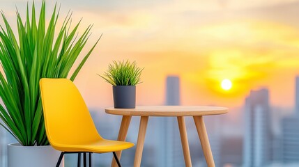 Naklejka premium Yellow Chair and Plants at Sunset City Skyline