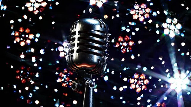 A high-energy rock performance set against flashing strobes, the focal point being a time-worn microphone perched on its stand.