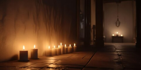 Shadows dance across the walls as candles flicker in a dimly lit room, suspenseful mood, flickering candles