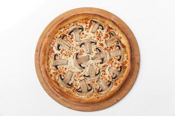 Pizza with salami  mushrooms and cheese on a white background