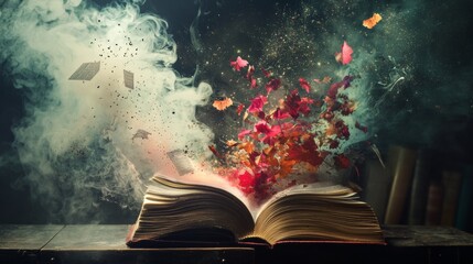 Open book releasing colorful particles in an artistic composition
