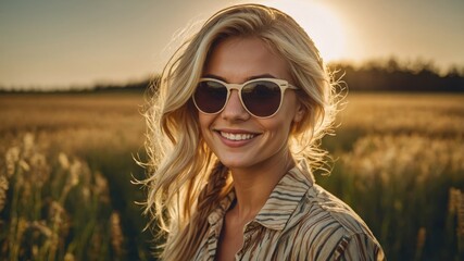 Woman smiling in a field at sunset, wearing sunglasses.
