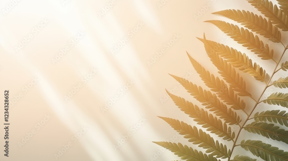 Poster abstract fern leaves with soft glare and shadow patterns, bathed in warm sunlight creating an ethere