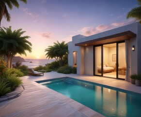 Fototapeta premium Seaside villa with private pool and outdoor shower, tranquil atmosphere, private pool, lavish decoration