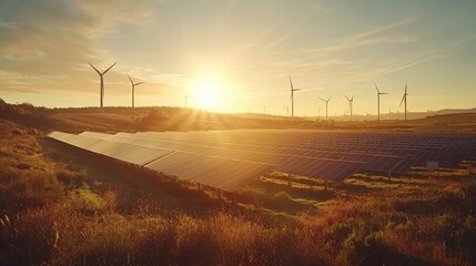 Obraz premium Golden Sunset Over Solar Panels and Wind Turbines