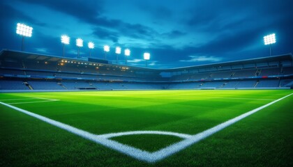 Obraz premium A Stunning Twilight Image of a Soccer Stadium with Lights Illuminating the Field