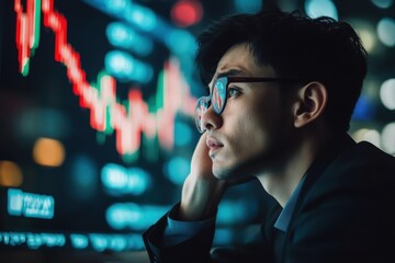 Stock trader trading global economic graph, expression of deep worry. Businessman crypto trader broker investor analyzing stock exchange market. 