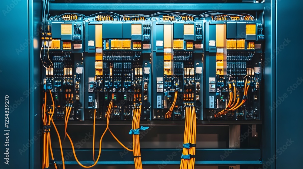 Poster a row of electrical boxes with yellow wires. the boxes are connected to each other and are labeled w