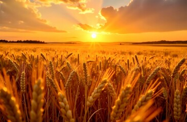 Beautiful close-up shot of a wheat field at sunset. Golden hues of the sun's rays illuminate the wheat stalks, creating a warm, tranquil atmosphere with a distant horizon under the evening sky.