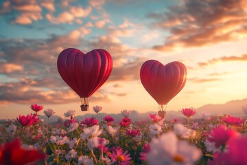 Fototapeta premium Heart-Shaped Hot Air Balloons Over a Vibrant Flower Field at Sunrise