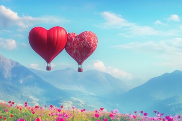 Fototapeta premium Heart-Shaped Hot Air Balloons Over a Mountain Meadow