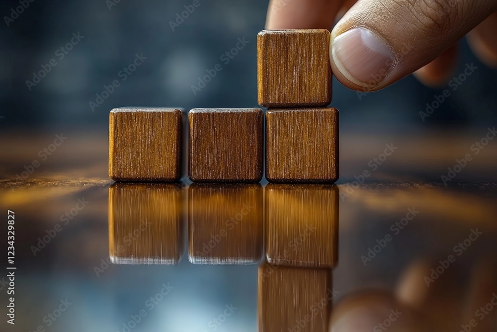 Poster person stacking wooden blocks on a reflective surface in a well-lit environment