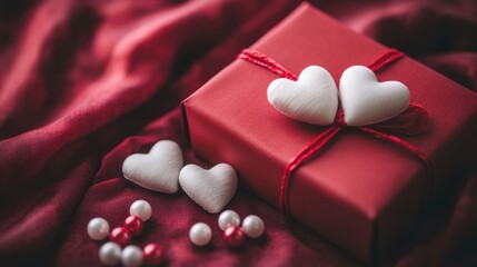 Decorative Red Gift Box with White Hearts and Pearls on Luxurious Maroon Fabric Surface