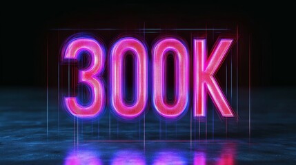 Glowing Neon 300K Banner on Futuristic Digital Abstract Background, Three Dimensional Rendering