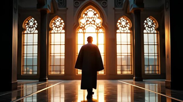 A religious Muslim man in thobe standing and performing salah namaz prayer inside the mosque
