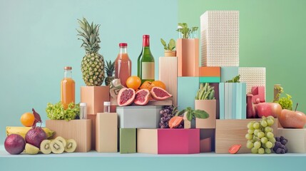 Vibrant fruit and beverage display on colorful pedestals