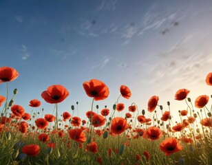 Obraz premium Red poppies swaying in the breeze at golden hour with a clear blue sky, gentle wind, flower fields, blooming flowers