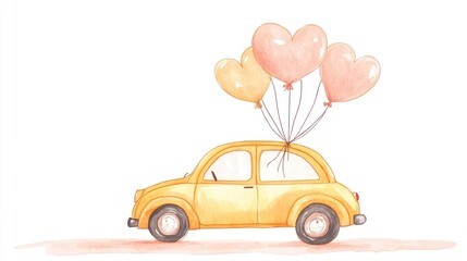 Yellow car with heart balloons, road trip, romantic