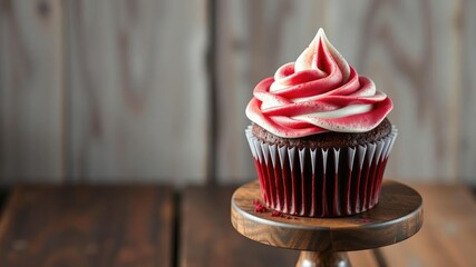 Red velvet cupcake with white frosting on a vintage-inspired wooden stand, classic look, dessert, vintage vibe