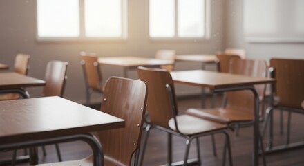 Soft-glow shot of empty classroom with chairs and tables
