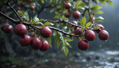 Rain-kissed plum clings to a branch as the surrounding foliage absorbs the rainwater , outdoor, droplets
