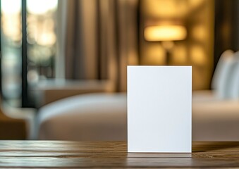 Photo of a blank white table tent card on a wooden desk in a hotel room, with a blurred background featuring a bed and window, in the front view. 