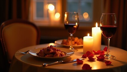 Romantic Dinner Date: Candlelit Table Setting with Red Wine, Pasta Dish, and Rose Petals - Perfect for Valentine's Day or Anniversary