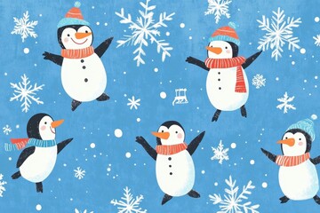 Playful Penguins Enjoying a Snowy Winter Day