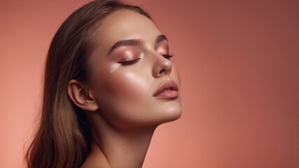 Fototapeta premium Close-up portrait of a woman with bronze makeup and highlighted cheekbones, eyes closed in serene expression against a muted coral background.