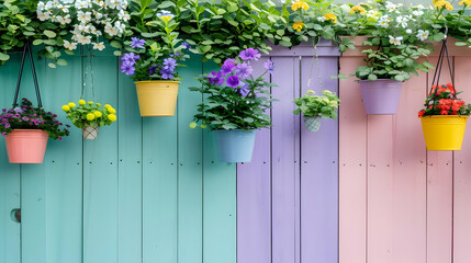 Obraz premium A colorful wall adorned with hanging flower pots in various shades.
