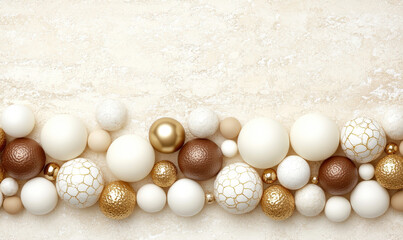 Obraz premium Elegant Arrangement of Decorative Christmas Ornaments in White, Gold, and Brown Shades on a Light Textured Background for Festive Inspiration