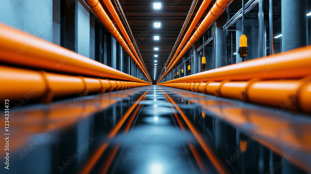Poster a perspective view of orange pipes extending into the distance within a trench, symbolizing efficien