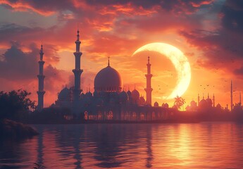 Naklejka premium Mosque silhouette with crescent moon at sunset over water