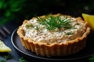 Delicious tartlets with smoked mackerel mousse and chopped herbs, garnished with fresh dill for a gourmet touch. Perfect for appetizers or elegant gatherings.