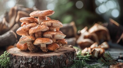 Fresh mushrooms stacked on a wooden log